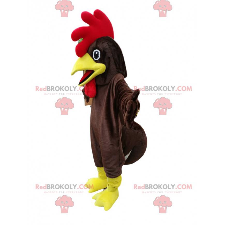 Mascotte pollo marrone con una sontuosa cresta rossa -