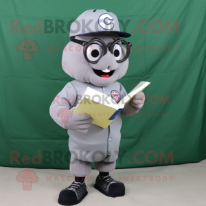 Gray Baseball Ball mascot costume character dressed with a Romper and Reading glasses