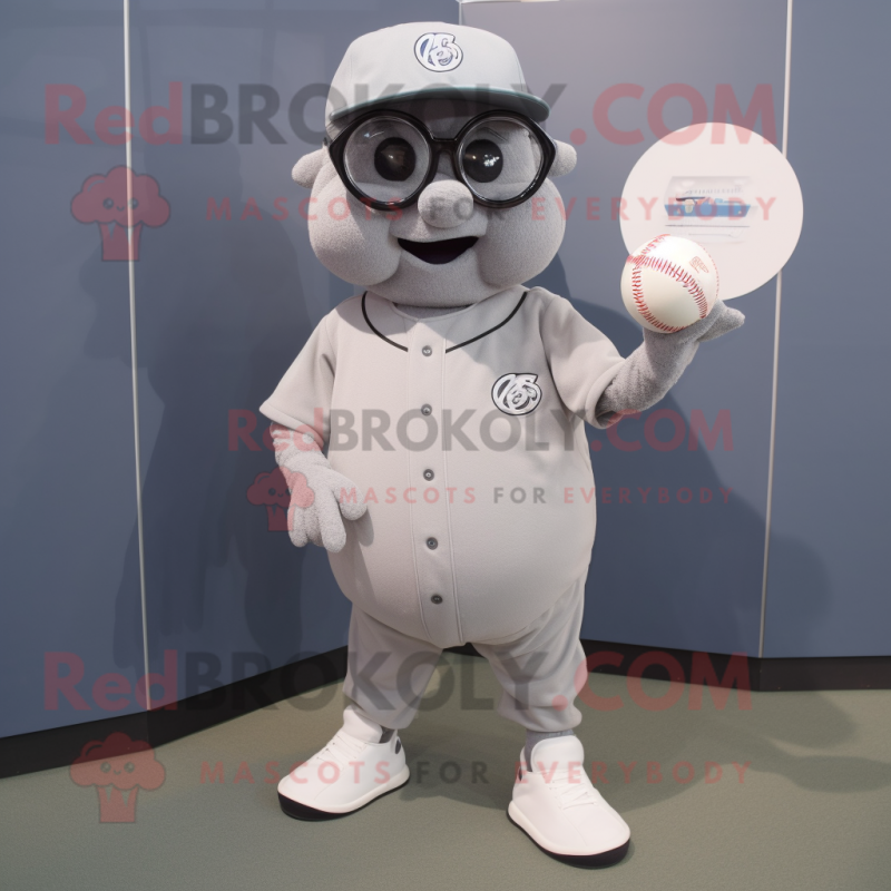 Gray Baseball Ball mascot costume character dressed with a Romper and Reading glasses