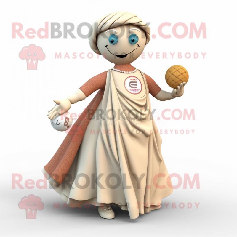 Tan Petanque Ball mascot costume character dressed with a Ball Gown and Scarf clips Tan Petanque Ball mascot costume character dressed with a Ball Gown and Scarf clips