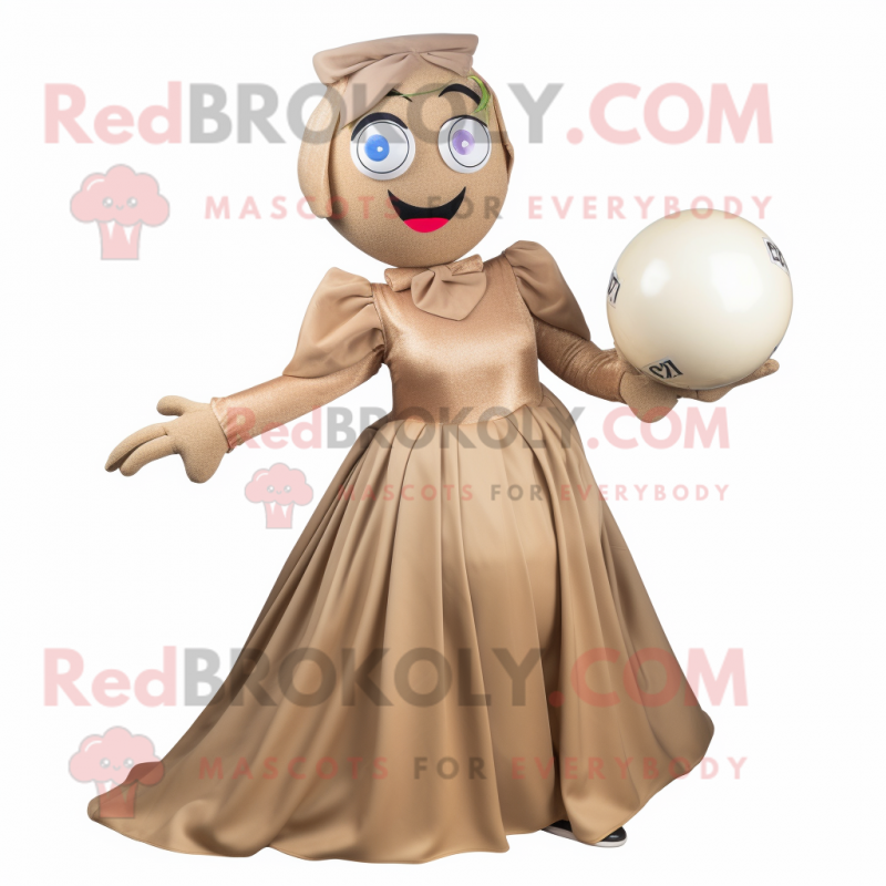 Tan Petanque Ball mascot costume character dressed with a Ball Gown and Scarf clips Tan Petanque Ball mascot costume character dressed with a Ball Gown and Scarf clips