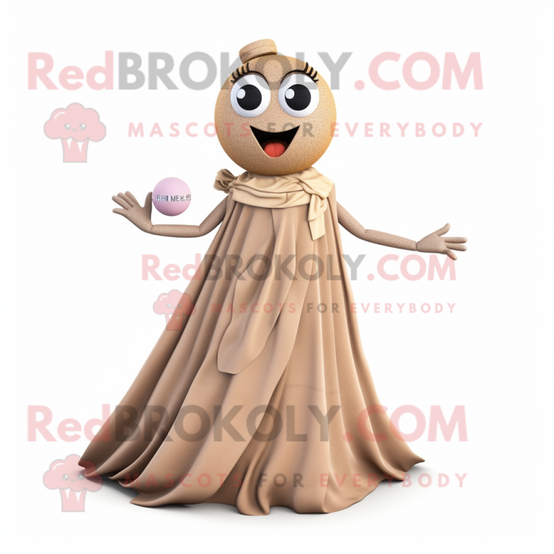 Tan Petanque Ball mascot costume character dressed with a Ball Gown and Scarf clips Tan Petanque Ball mascot costume character dressed with a Ball Gown and Scarf clips