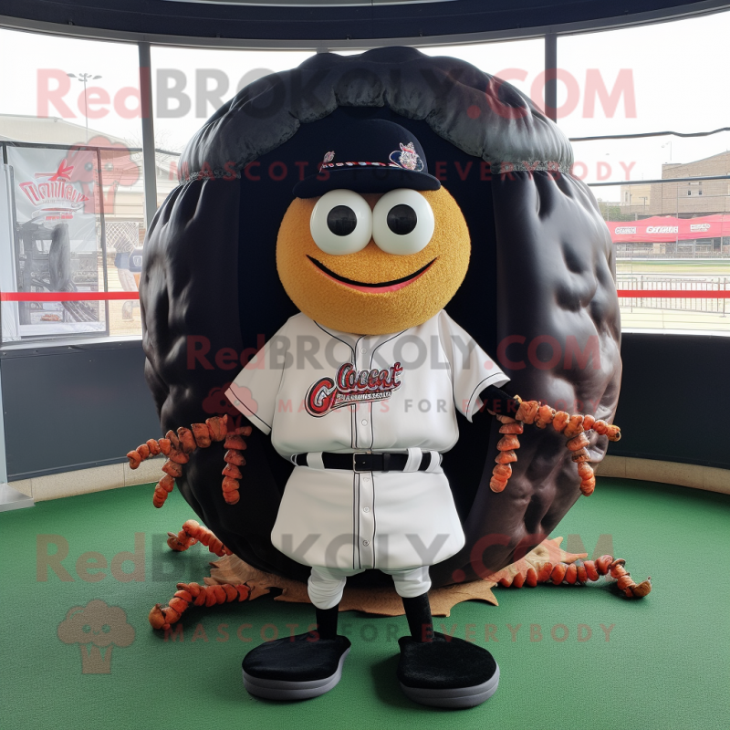 Black Crab Cakes mascot costume character dressed with a Baseball Tee and Wraps