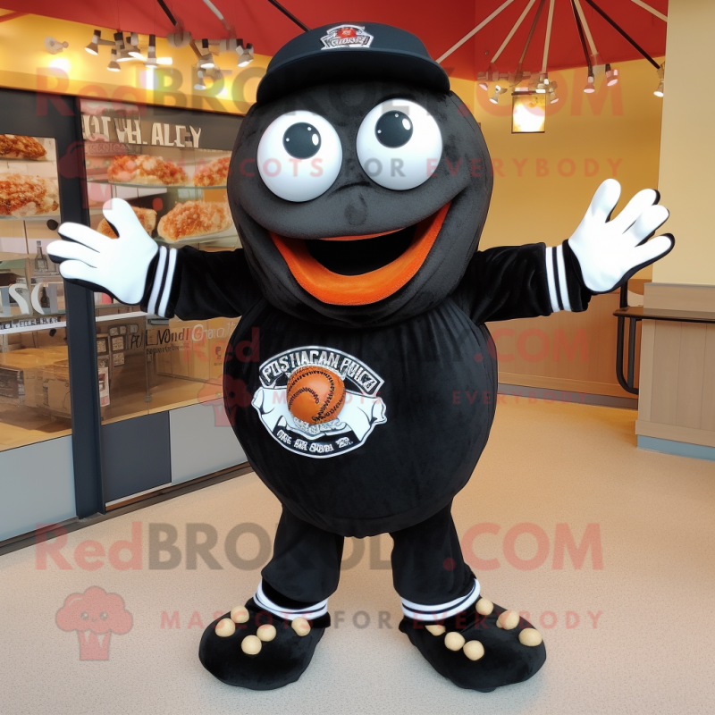 Black Crab Cakes mascot costume character dressed with a Baseball Tee and Wraps