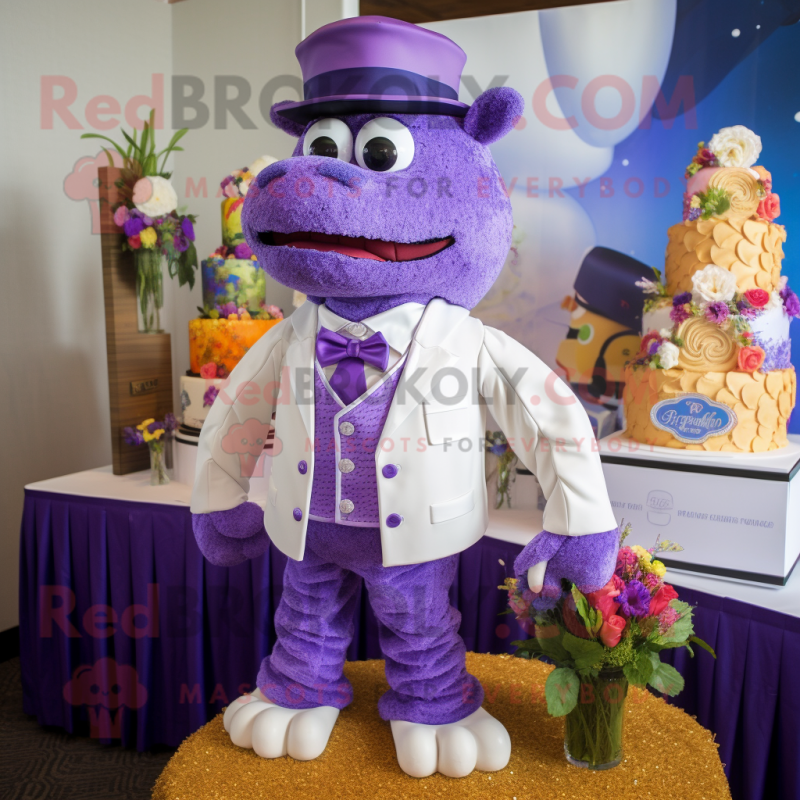 Purple Wedding Cake mascot costume character dressed with a Polo Tee and Brooches Purple Wedding Cake mascot costume character dressed with a Polo Tee and Brooches
