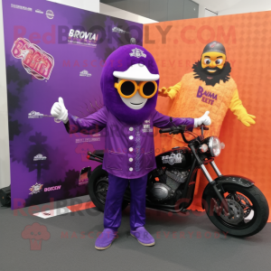 Purple Biryani mascot costume character dressed with a Biker Jacket and Pocket squares