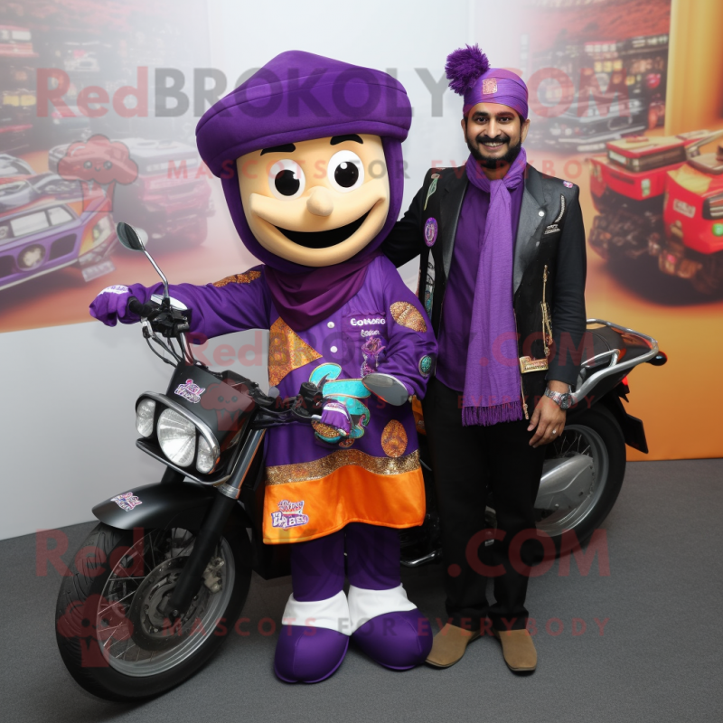 Purple Biryani mascot costume character dressed with a Biker Jacket and Pocket squares