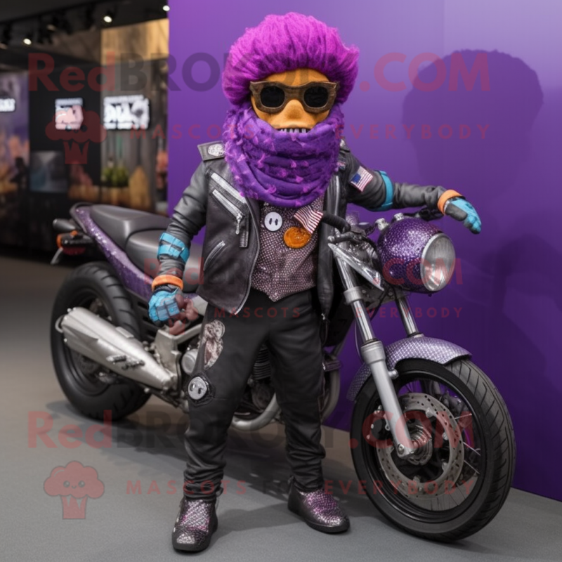 Purple Biryani mascot costume character dressed with a Biker Jacket and Pocket squares