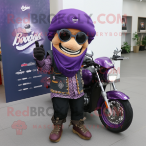 Purple Biryani mascot costume character dressed with a Biker Jacket and Pocket squares