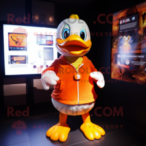 Orange Duck mascot costume character dressed with a Graphic Tee and Keychains