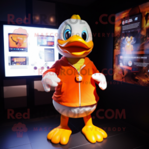 Orange Duck mascot costume character dressed with a Graphic Tee and Keychains