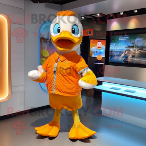 Orange Duck mascot costume character dressed with a Graphic Tee and Keychains