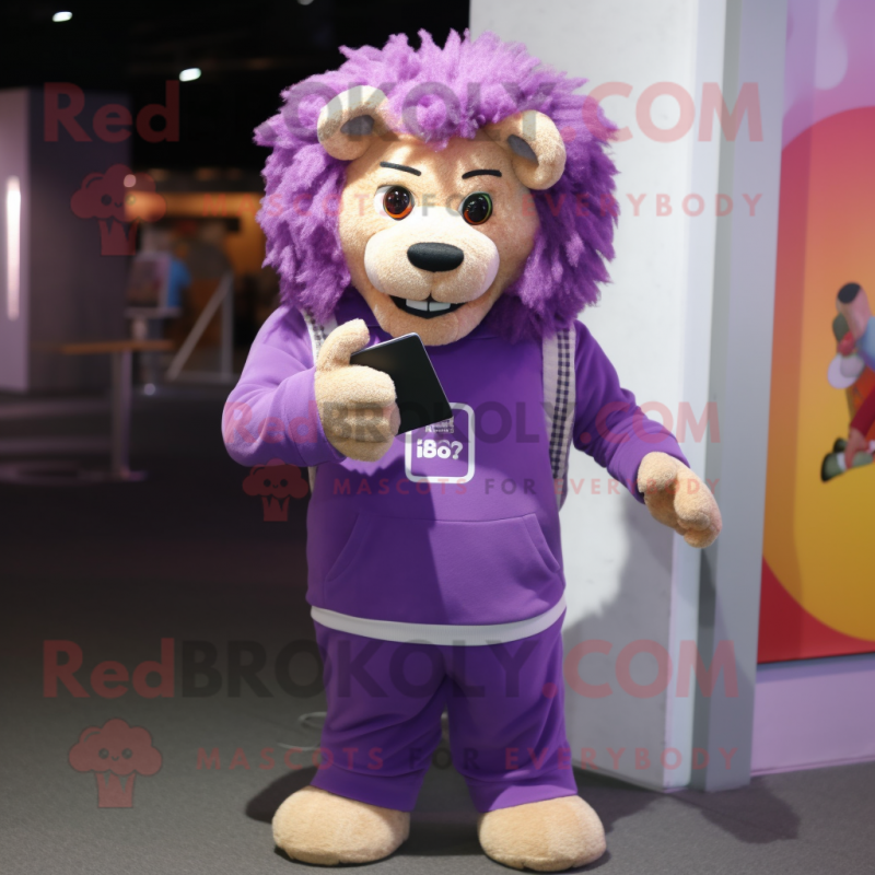 Purple Lion mascot costume character dressed with a Sweater and Wallets