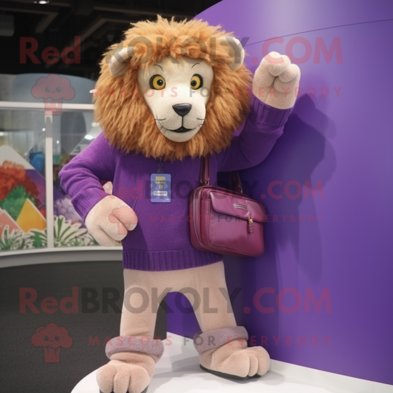 Purple Lion mascot costume character dressed with a Sweater and Wallets