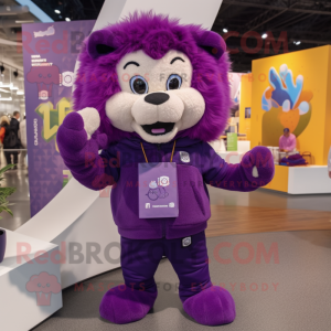 Purple Lion mascot costume character dressed with a Sweater and Wallets