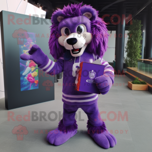 Purple Lion mascot costume character dressed with a Sweater and Wallets