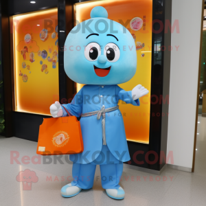Sky Blue Mandarin mascot costume character dressed with a Henley Shirt and Clutch bags