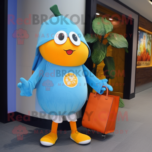 Sky Blue Mandarin mascot costume character dressed with a Henley Shirt and Clutch bags