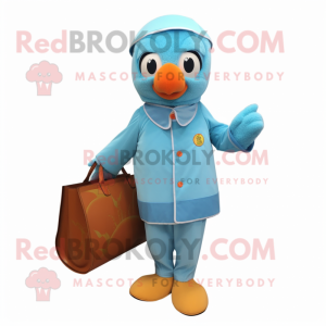 Sky Blue Mandarin mascot costume character dressed with a Henley Shirt and Clutch bags