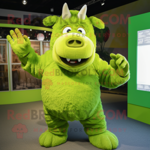 Lime Green Woolly Rhinoceros mascot costume character dressed with a Romper and Gloves