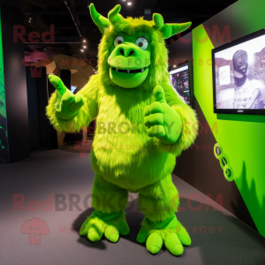 Lime Green Woolly Rhinoceros mascot costume character dressed with a Romper and Gloves