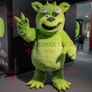 Lime Green Woolly Rhinoceros mascot costume character dressed with a Romper and Gloves
