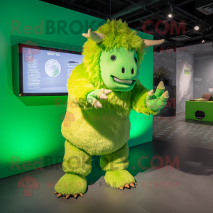 Lime Green Woolly Rhinoceros mascot costume character dressed with a Romper and Gloves