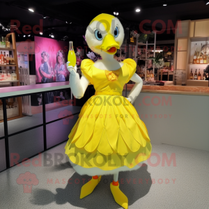 Lemon Yellow Geese mascot costume character dressed with a Cocktail Dress and Hairpins