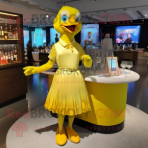 Lemon Yellow Geese mascot costume character dressed with a Cocktail Dress and Hairpins