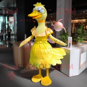 Lemon Yellow Geese mascot costume character dressed with a Cocktail Dress and Hairpins