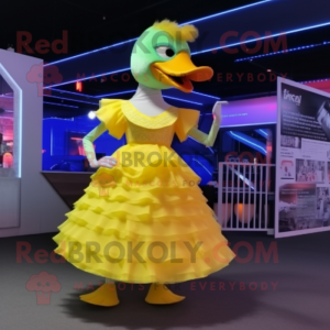 Lemon Yellow Geese mascot costume character dressed with a Cocktail Dress and Hairpins