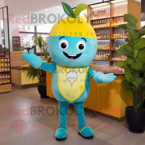 Turquoise Lemon mascot costume character dressed with a Romper and Cummerbunds