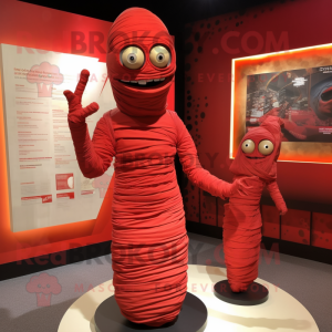 Red Mummy mascot costume character dressed with a Midi Dress and Hairpins