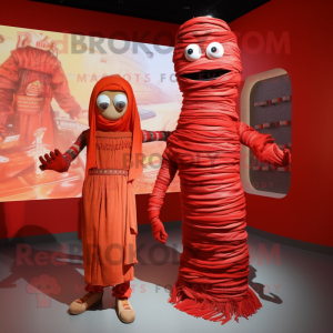 Red Mummy mascot costume character dressed with a Midi Dress and Hairpins