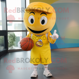 Yellow Basketball Ball mascot costume character dressed with a Vest and Caps