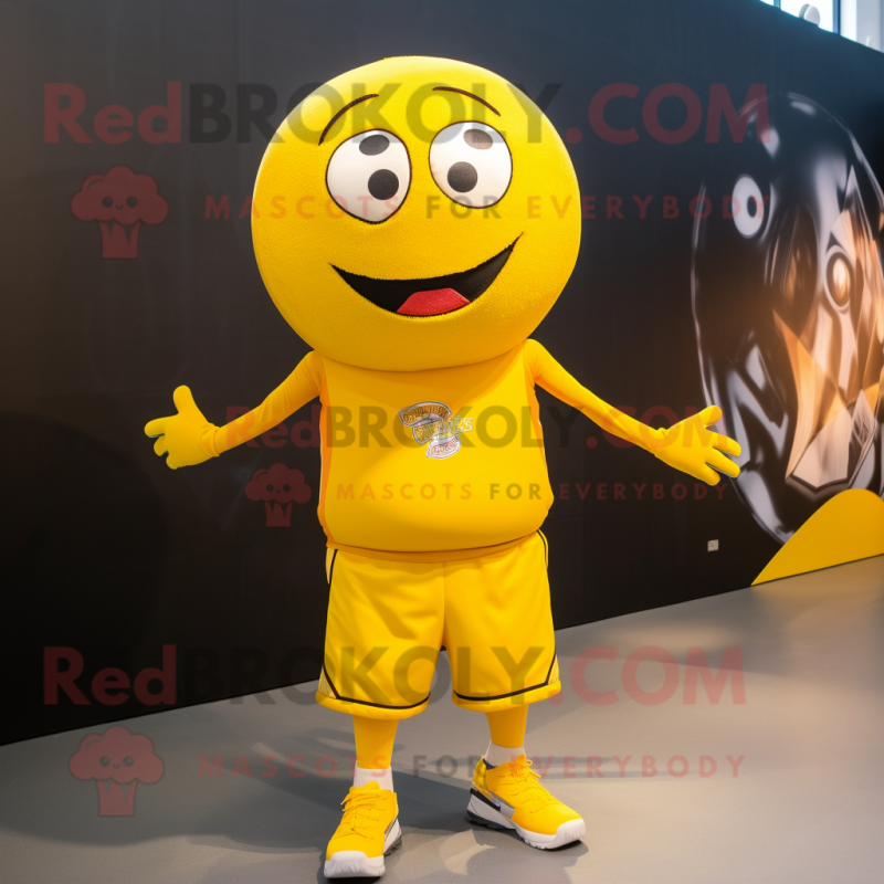 Yellow Basketball Ball mascot costume character dressed with a Vest and Caps Yellow Basketball Ball mascot costume character dressed with a Vest and Caps