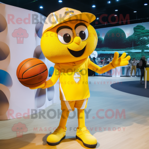 Yellow Basketball Ball mascot costume character dressed with a Vest and Caps