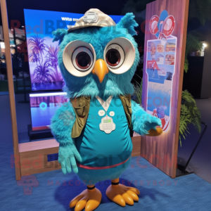 Turquoise Owl mascot costume character dressed with a Board Shorts and Hairpins