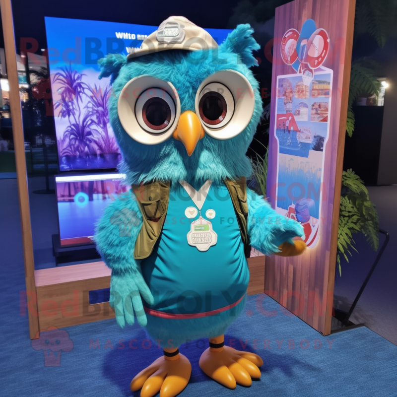 Turquoise Owl mascot costume character dressed with a Board Shorts and Hairpins