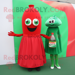 Green Bottle Of Ketchup mascot costume character dressed with a Midi Dress and Clutch bags