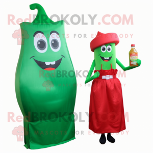 Green Bottle Of Ketchup mascot costume character dressed with a Midi Dress and Clutch bags