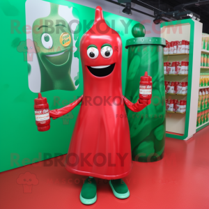 Green Bottle Of Ketchup mascot costume character dressed with a Midi Dress and Clutch bags