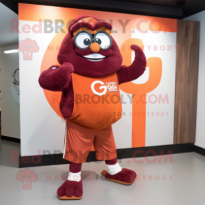 Maroon Orange mascot costume character dressed with a Windbreaker and Bracelet watches