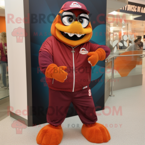 Maroon Orange mascot costume character dressed with a Windbreaker and Bracelet watches