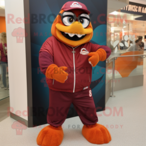 Maroon Orange mascot costume character dressed with a Windbreaker and Bracelet watches