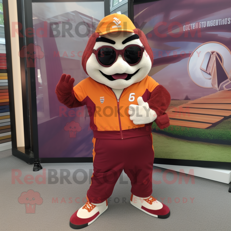 Maroon Orange mascot costume character dressed with a Windbreaker and Bracelet watches