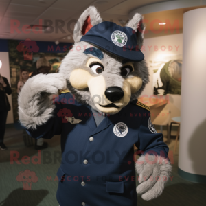 Navy Say Wolf mascot costume character dressed with a Sweater and Headbands