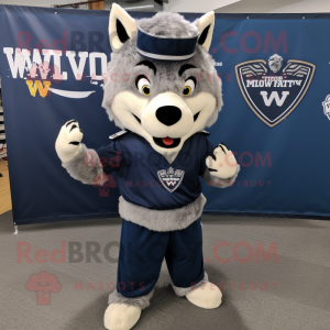 Navy Say Wolf mascot costume character dressed with a Sweater and Headbands