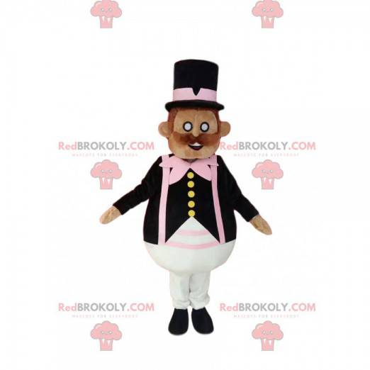 Mascot mustached gentleman with an elegant suit and a hat -