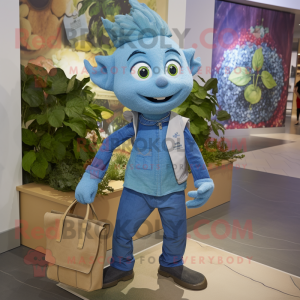 Blue Spinach mascot costume character dressed with a Chambray Shirt and Handbags